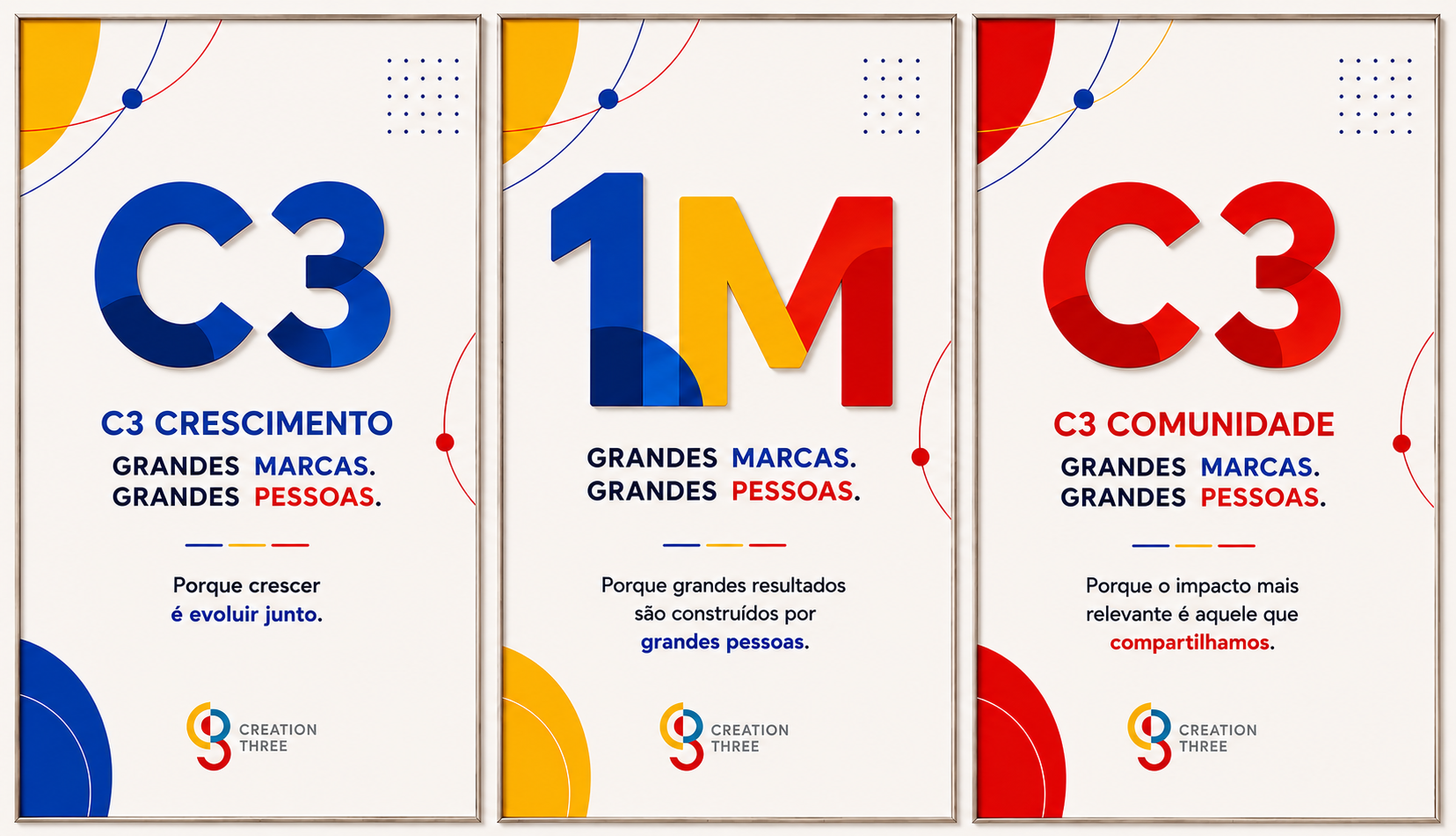 As três placas do Prêmio C3 — C3 Conversão, C3 Crescimento e C3 Comunidade